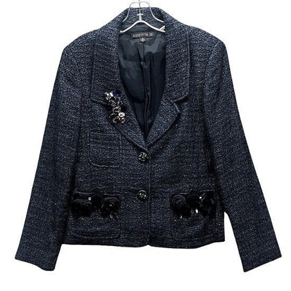 Lafayette 148 Embellished Blazer Jacket Women's US 8 Navy Silk Linen Blend